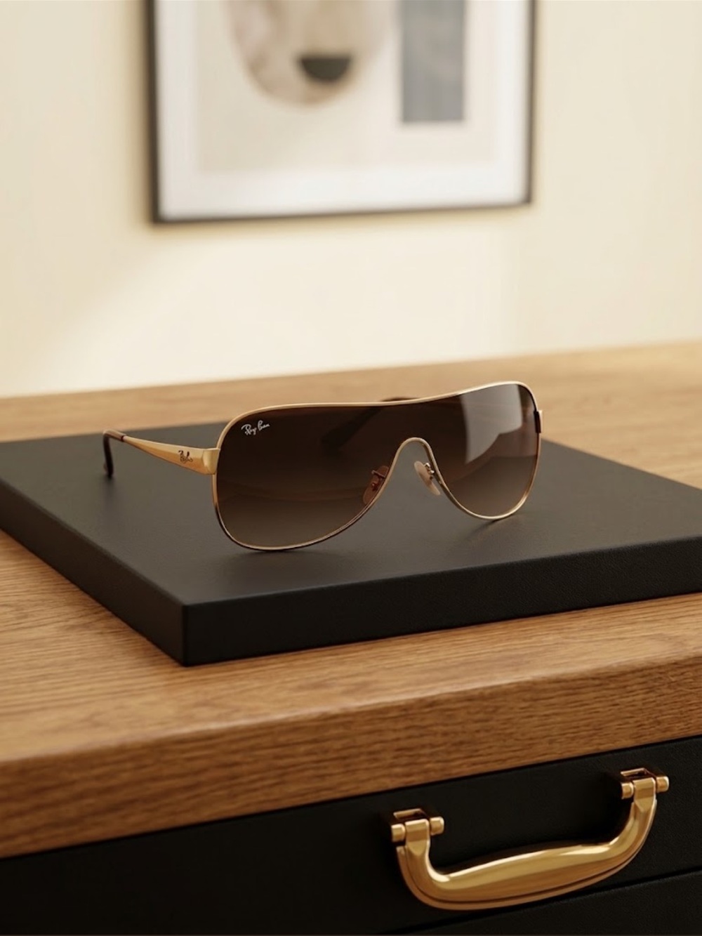 Ray-Ban RB3471 Shield Wrap Sunglasses Gold Brown